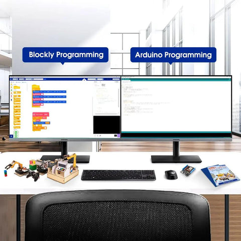 Three In One ESP32 IoT Control Smart Factory Starter Kit For DIY Education Teens 12 Plus Compatible With Arduino Scratch Online Tutorials Includes Hands On Smart Robotic Arm Project Smart Production Line And Smart Warehouse Modules, Blockly and Arduino screens