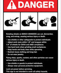 Industrial Bench Grinder Danger Warning Sign with ANSI Safety Guidelines, 8x12 inches, rugged metal for safety alerts.