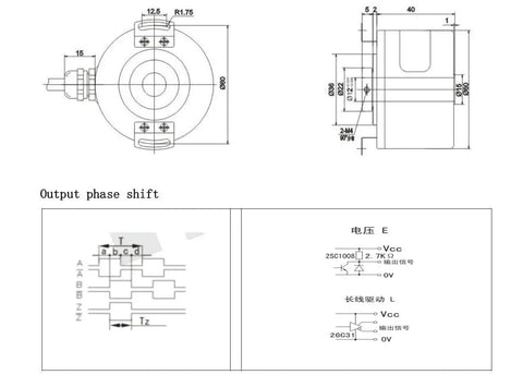 Technical diagram of Built Tough 60mm Outer Diameter Hollow Shaft Rotary Encoder With 10mm Aperture, 1024 P R, 5V DC Line Driver Output.