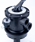 Top Mount 7 Position Clamp Style Multiport Valve Replacement For Hayward Variflo S166T S180T S210T S244T Pro Series And VL Series Sand Filters Black Ready To Install, close-up of black valve with pressure gauge.