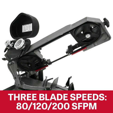 Five Inch By Six Inch Mitering Horizontal Bandsaw Built Tough With Hydraulic Downfeed Half Horsepower Volts 115 Or 230 Single Phase Mitering Head Swivel From 0 To 60 Degrees Deluxe Enclosed Stand With Wheels Adjustable Material Stop Ball Bearing Drive