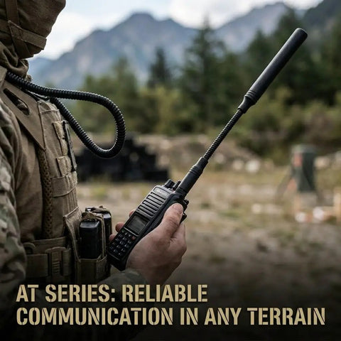 Person holding a radio with Dual Band SMA-F Ham Antenna High Gain VHF UHF 136-174 MHz 400-470 MHz For Kenwood Baofeng UV-5R