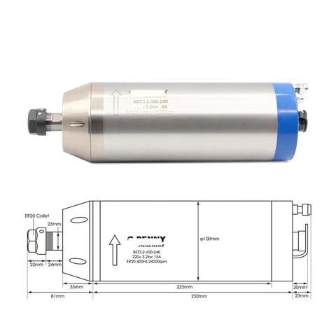 Badass 3.2KW Water Cooled Spindle Kit With Inverter And 100MM Bracket For CNC Routers, stainless steel motor with specifications.