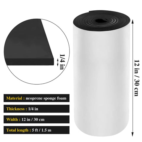 Self Adhesive Closed Cell Foam Padding Roll For Anti Vibration And Anti Slip, Black Neoprene, 12x59x1/4 Inches, roll view