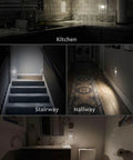 Wall Outlet With Night Light 10 Pack White shown in kitchen, stairway, hallway, bathroom creating unified lighting ambience