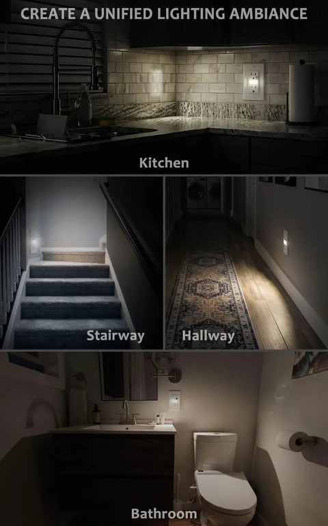 Wall Outlet With Night Light 10 Pack White shown in kitchen, stairway, hallway, bathroom creating unified lighting ambience