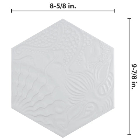 White Hex Porcelain Tile For Floor And Wall, 8.63 In Width By 9.88 In Length, Smooth Glazed Finish with embossed details