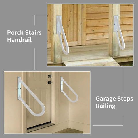Two Pack Wall Mount Handrails For 1 To 2 Step Stairs Outdoor Use, White Powder Coat Finish, Heavy Duty Garage Porch Garden Railing, 18.9 Inch Length, 1.3 Inch Diameter Pipe, Safe Stable Up And Down Stairs