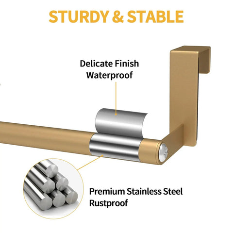 Close-up of gold Over The Cabinet Door Towel Rack 2 Pack Gold Stainless Steel Kitchen Towel Holder with rustproof, waterproof finish.