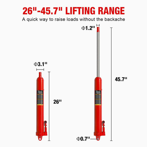 8 Ton Hydraulic Long Ram Jack With Dual Piston Pump, 26.2 Inch to 46 Inch Lift Range, Clevis Base, extended and contracted views