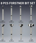 Knockout Forstner Bit Set Featuring Eight Heavy Duty Wood Drill Bits, including various sizes for flat bottom hole cutting.