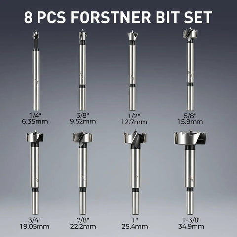 Knockout Forstner Bit Set Featuring Eight Heavy Duty Wood Drill Bits, including various sizes for flat bottom hole cutting.