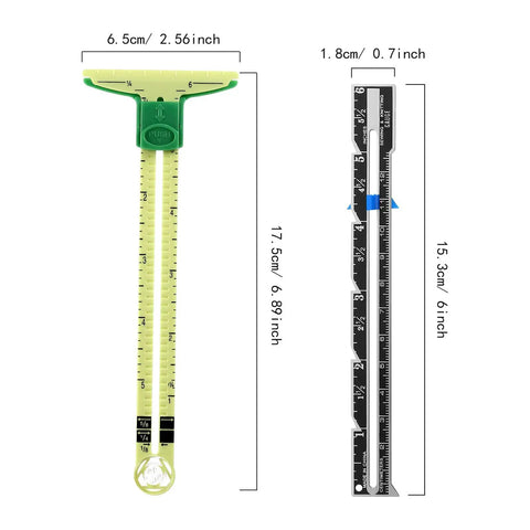 2 Pieces Sewing Gauge With Sliding Marker 5 In 1 Measuring Tool For Fabric Quilting And Sewing Hemming Ruler And Seam Allowance Guide shown with size dimensions.
