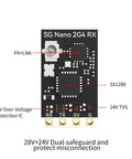 ExpressLRS FPV 2.4Ghz Receiver Nano Module With 78mm UFL T Antenna for Drones, showing circuit details and protection features