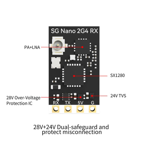 ExpressLRS FPV 2.4Ghz Receiver Nano Module With 78mm UFL T Antenna for Drones, showing circuit details and protection features