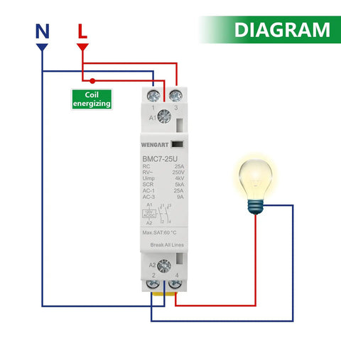 Schematic diagram of No More Panel Buzz 25A AC DC Contactor 2 Pole 2NO for EV chargers showing electrical connections.