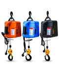 Heavy Lift Beast 500kg Electric Hoist And Portable Hand Winch Pair featuring orange, blue, and black models with swivel hooks.