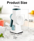 Manual Ice Shaver With 16 Stainless Steel Blades, size dimensions shown, compact white kitchen gadget on countertop.