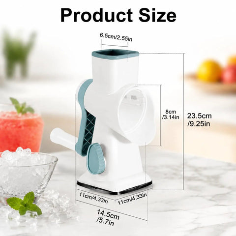 Manual Ice Shaver With 16 Stainless Steel Blades, size dimensions shown, compact white kitchen gadget on countertop.