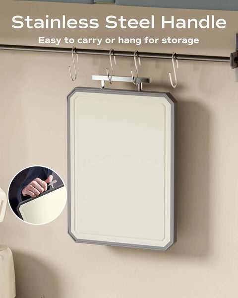 Double Sided Stainless Steel Meat Cutting Board And Wheat Straw Veggie Board Large 16 By 11 Inch with hanging handle