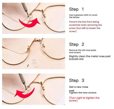 Installation steps for Soft Silicone Nose Pads Replacement Kit For Glasses With Screwdriver And Tweezers, Anti Slip Comfort Upgrade.