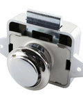 No Sweat Push Button Catch Lock Keyless Drawer Latch Knob For Rv Cabinets Boats And Camper Doors close-up view showing silver finish and design.