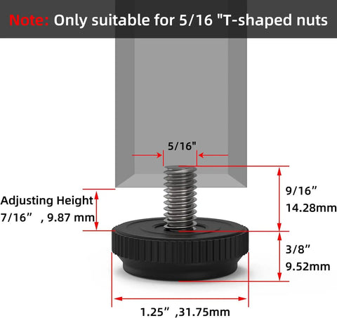 Diagram showing dimensions for Eight Pack 5/16-18 Stainless Steel Adjustable Threaded Furniture Leg Levelers Screw In Glide Feet, 5/16 T-shaped nut fit.