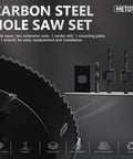 METOTY 14-piece carbon steel hole saw kit with mandrel and accessories for soft wood and PVC; sizes 3/4–3 in.