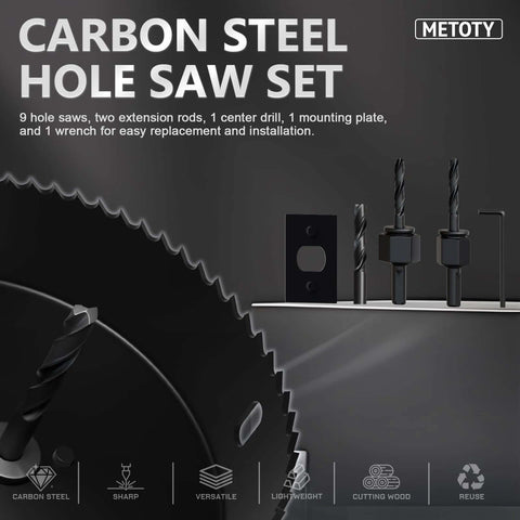 METOTY 14-piece carbon steel hole saw kit with mandrel and accessories for soft wood and PVC; sizes 3/4–3 in.