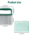 Crinkle cutter with green plastic handle and stainless steel blades, includes protective case (front view).