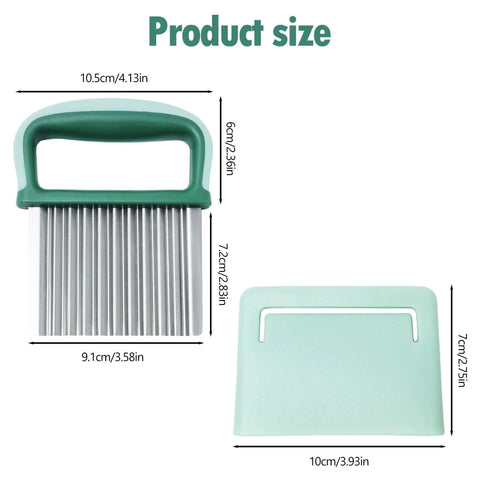 Crinkle cutter with green plastic handle and stainless steel blades, includes protective case (front view).