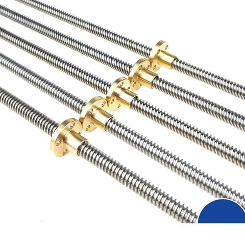 Beefy T8 Trapezoidal Lead Screw For 3D Printers Tough Stainless Steel Rod With Copper Nut Choose 1mm Or 2mm Pitch Lead Options 1mm 2mm 4mm 8mm Lengths 100mm To 600mm In 50mm Steps Includes One Rod And One Copper Nut. stainless lead screw with copper nuts shown on white background