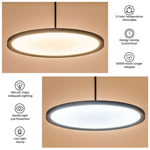 Ultra Thin Disc LED Pendant Light 19.7 Inch Modern Chandelier Dimmable Ceiling Fixture For Kitchen Island Dining Room Office And Meeting Space High CRI Over 80 36W Black with dual color temperature modes