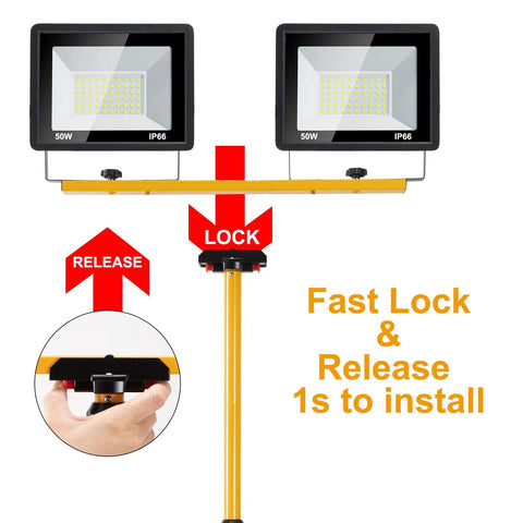 Ultra Bright 10000 Lumen Dual Head LED Work Light with fast lock system on adjustable metal tripod shown