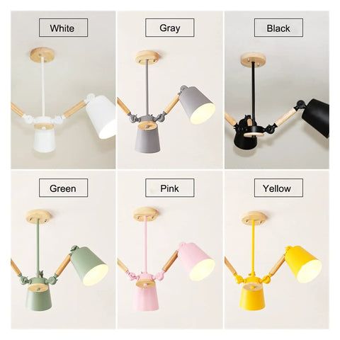 Slick Five Arm Adjustable Pendant Lights With Natural Wood And Brushed Metal Lampshades in various colors including white, gray, black, green, pink, and yellow.