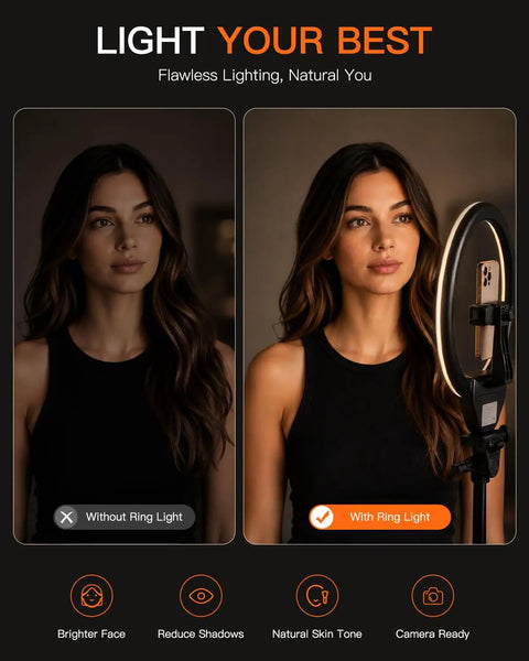 Comparison of video lighting with and without 50 Inch Ring Light With Stand And Phone Tripod LED Ring Light With Remote 3 Color Modes.