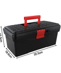 Real Deal 14 Inch Straight Up Plastic Toolbox Storage Container Featuring Dead Nuts Abs Snappy Lock System And Ergonomic Non Slip Handles side view showing dimensions and handle.