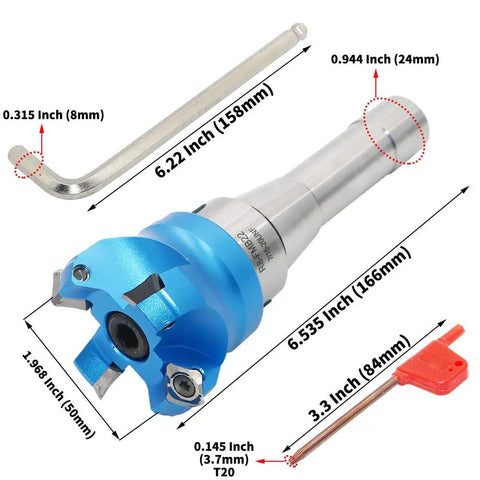 2 Inch Face Milling Cutter Bundle For Aluminum KM12 50mm CNC End Mill Holder with R8-FMB22 Shank, SEHT1204 Inserts, wrenches