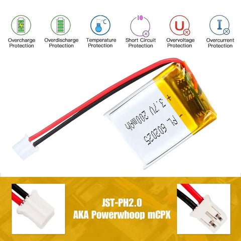 3.7V 200mAh 602025 LiPo Battery Pack With PH2.0 JST Connector, Rechargeable Lithium Polymer Cell for Micro RC Drones