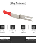 Built Tough Stainless Steel Emergency Access Tool Featuring Universal Door Unlock Design And Non Slip Rubber Grip Sleeve For Reliable Maintenance Jobs And Quick Service Calls, stainless steel tool with red rubber handle.