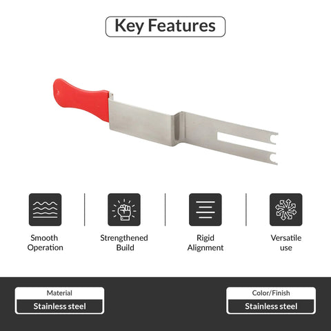 Built Tough Stainless Steel Emergency Access Tool Featuring Universal Door Unlock Design And Non Slip Rubber Grip Sleeve For Reliable Maintenance Jobs And Quick Service Calls, stainless steel tool with red rubber handle.