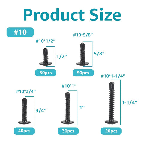 Bulk 400 Pack Self Tapping Screws For Metal And Wood Size 8 And 10 410 Stainless Steel with black oxide finish in assorted lengths.