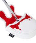 Center Shaft Mallet Putter Head Cover with hockey mask style and strong magnetic closure, white and red, durable golf club protection.