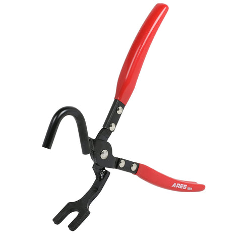 ARES 14020 heavy-duty exhaust hanger removal pliers with red handles and black offset jaws for hard-to-reach brackets