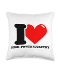 Love High Power Rocketry Throw Pillow with red heart and text design on white background, multicolor double-sided print cushion.