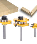 Fabater 45 Degree Stile Router Bit Set With T Shaped Geometry And Three Sharp Teeth For Clean Wood Slotting On MDF Plywood And Particle Board Featuring Durable Cemented Carbide Construction And Precision 1/4 Inch Shank Fitment For Smooth Cutting Without - image showing three router bits with yellow blades and steel shanks adjacent to wood slots.