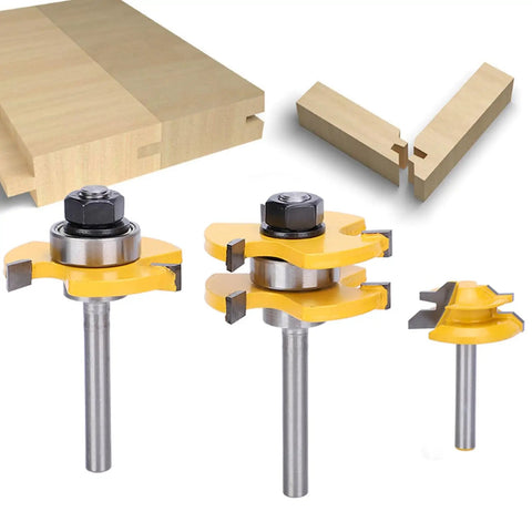 Fabater 45 Degree Stile Router Bit Set With T Shaped Geometry And Three Sharp Teeth For Clean Wood Slotting On MDF Plywood And Particle Board Featuring Durable Cemented Carbide Construction And Precision 1/4 Inch Shank Fitment For Smooth Cutting Without - image showing three router bits with yellow blades and steel shanks adjacent to wood slots.