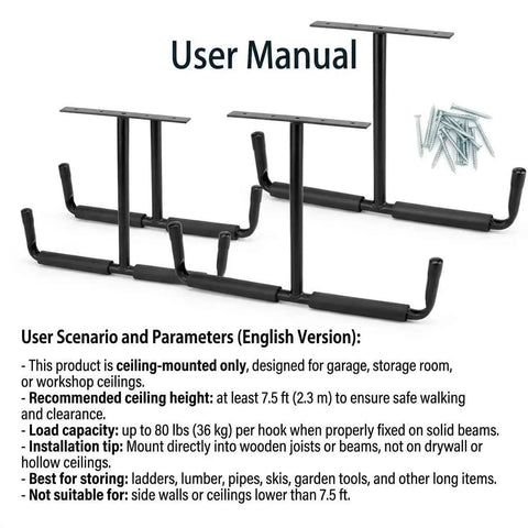 Overhead Ceiling Hooks Rack Heavy Duty Steel Storage Hangers for garage and workshop with mounting hardware visible