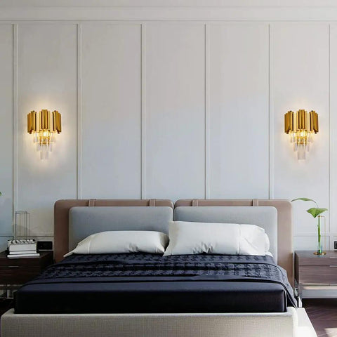 Crystal Wall Lamp Mid Century Modern Gold Sconce Light For Living Room Bedroom Hallway With Crystal Glass Antique Gold Finish shown in bedroom