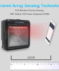 Fast Desktop Barcode Scanner With IR Sensing For Supermarkets And Retail Stores, Rugged ABS Housing, displayed next to phone and ruler.